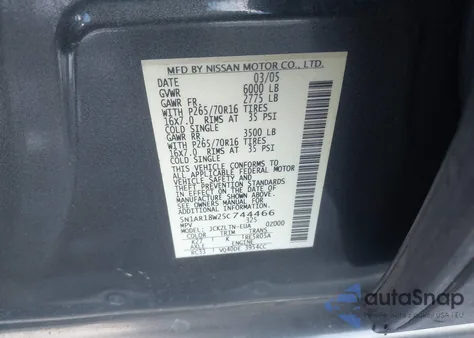 2005 Nissan Pathfinder Se из США, поврежденный, VIN 5N1AR18W25C744466